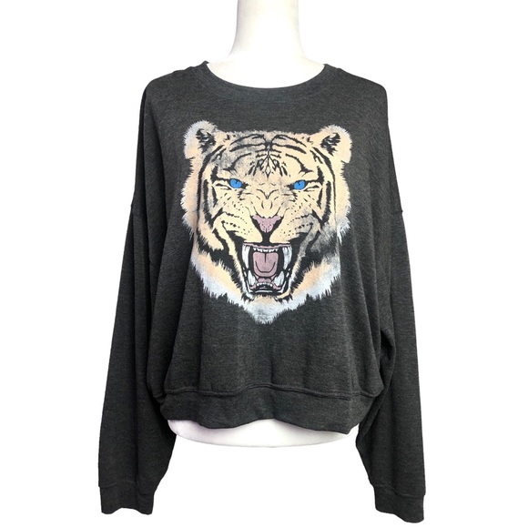 Altar'd State Tops - Altar'd State Top Gray Tiger Graphic Print Oversize Cropped Boxy Pullover